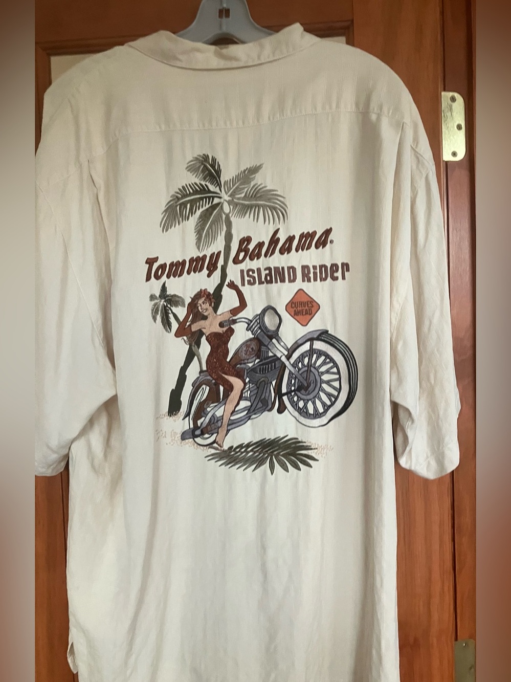 Tommy Bahama Cream Camp Short-Sleeve Camp "Island Rider" Pin up Motorcycle Shirt
